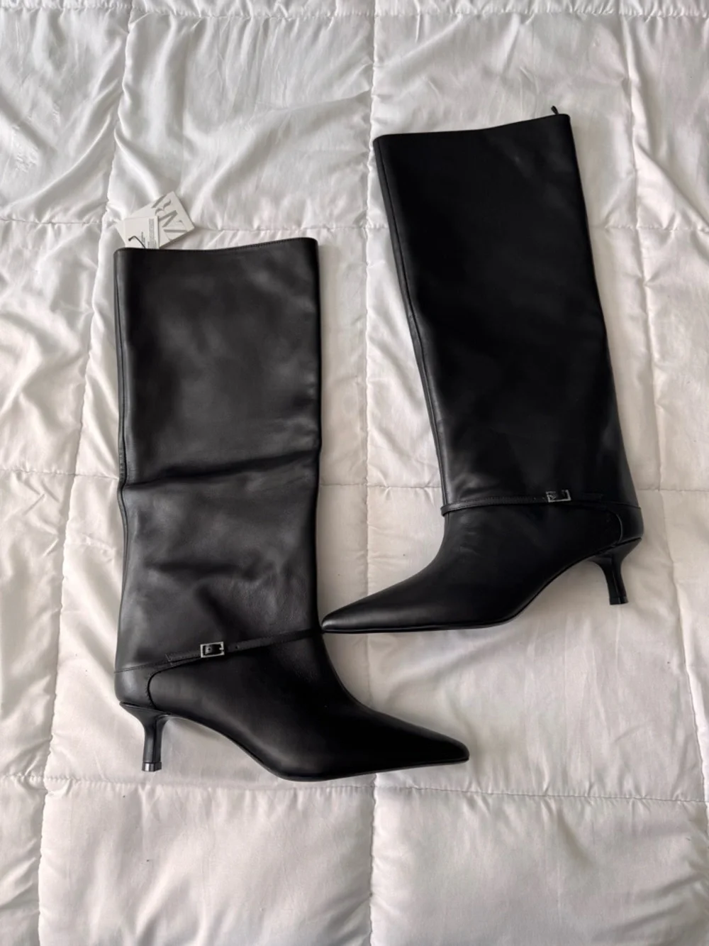 Zara Leather Kitten Heel Knee High Black Boots With Buckle - Picture 4 of 6